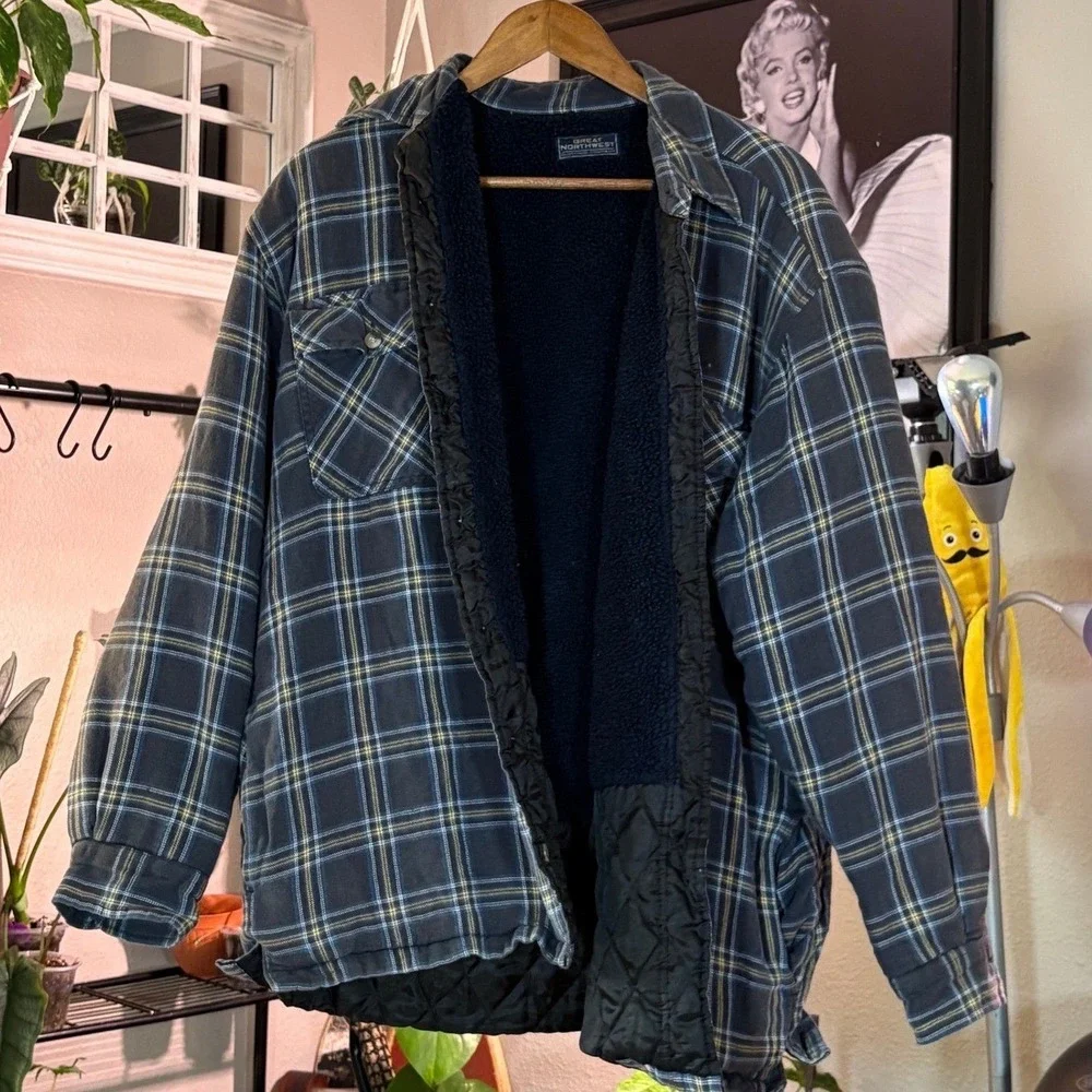 Great Northwest Flannel Shirt Jacket Mens XL Blue Yellow Sherpa Lined Shacket